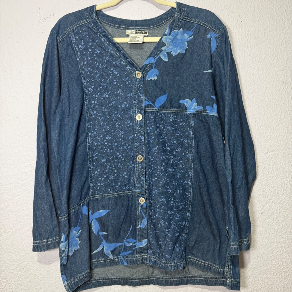 Vintage CM Shape Denim Floral Star Patchwork Button Up Top Blue Grannycore Small